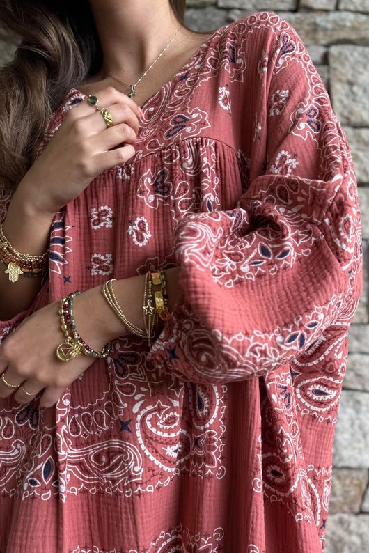 Kasbah Bubble Cotton Bandana Peasant Dress Indian Red